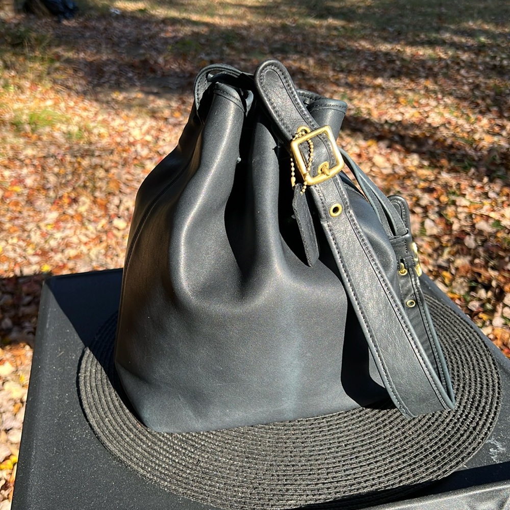 Vintage Coach Black Leather Legacy Drawstring bag. #9165 Brass Hardware
